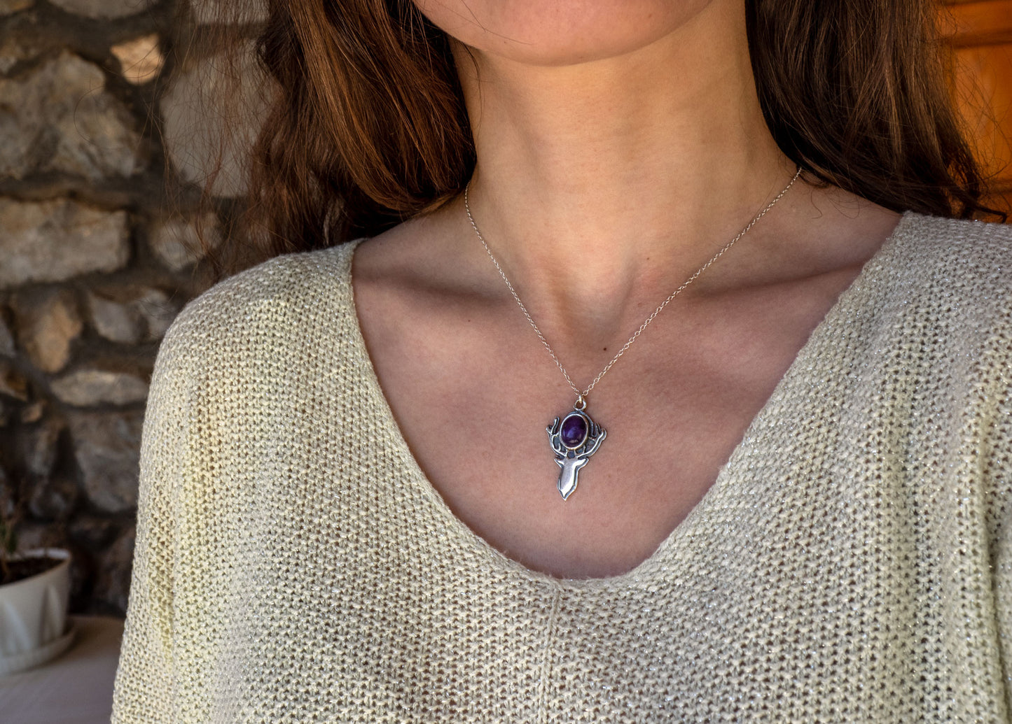 Sterling silver pendant with an Amethyst and a deer