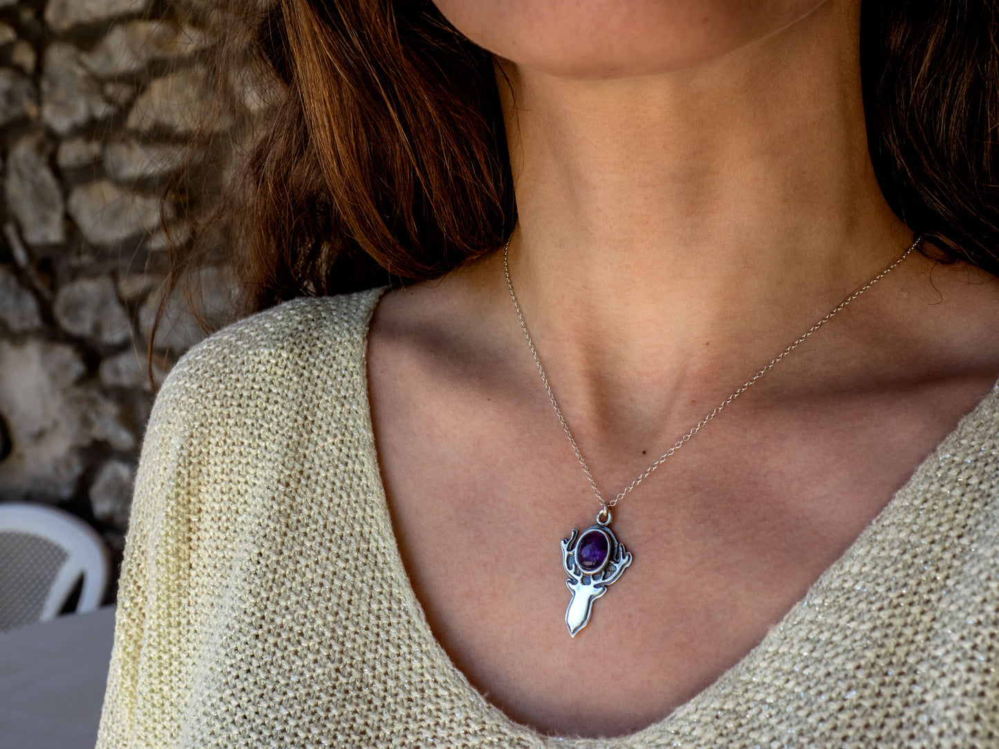 Sterling silver pendant with an Amethyst and a deer