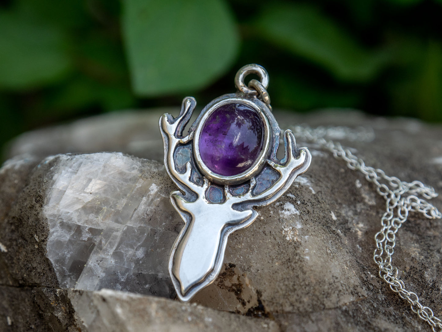 Sterling silver pendant with an Amethyst and a deer