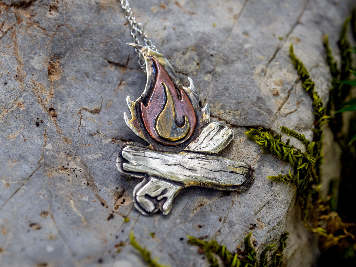 Mixed metal campfire pendant