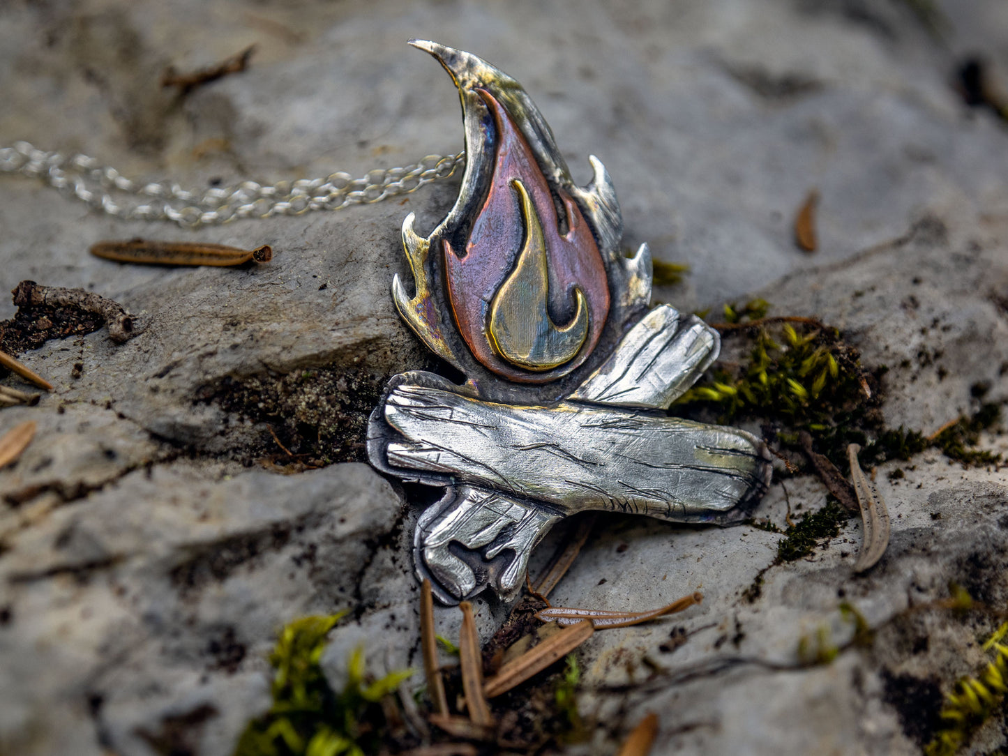 Mixed metal campfire pendant