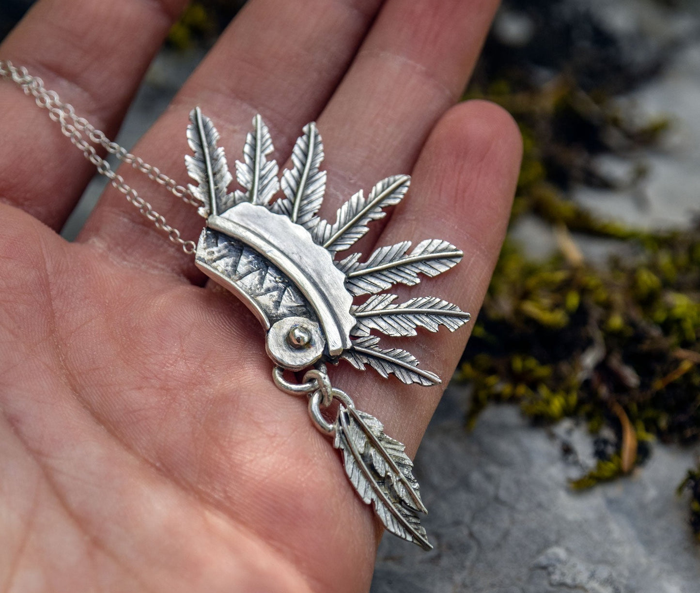 Sterling silver native headdress necklace