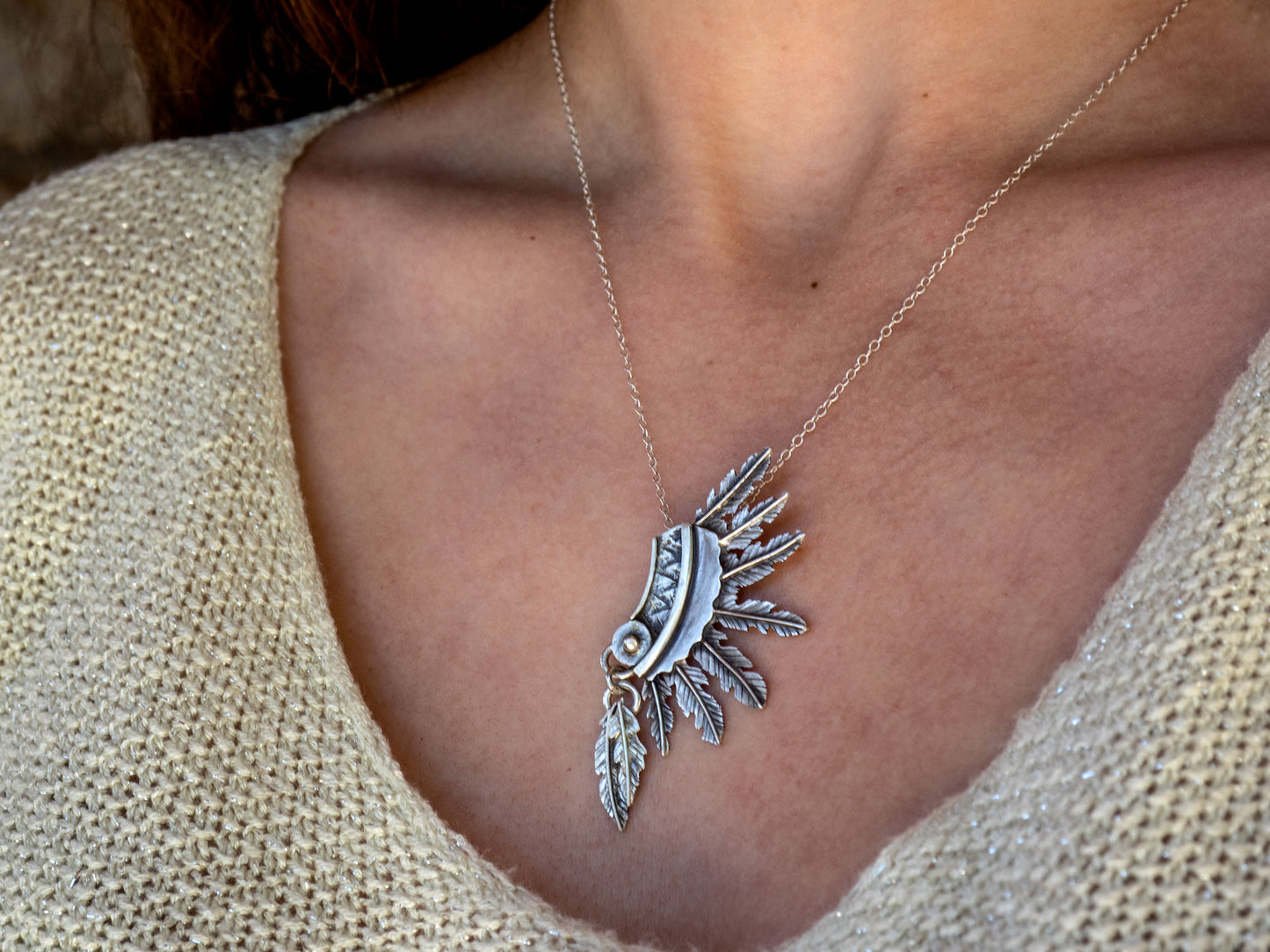 Sterling silver native headdress necklace