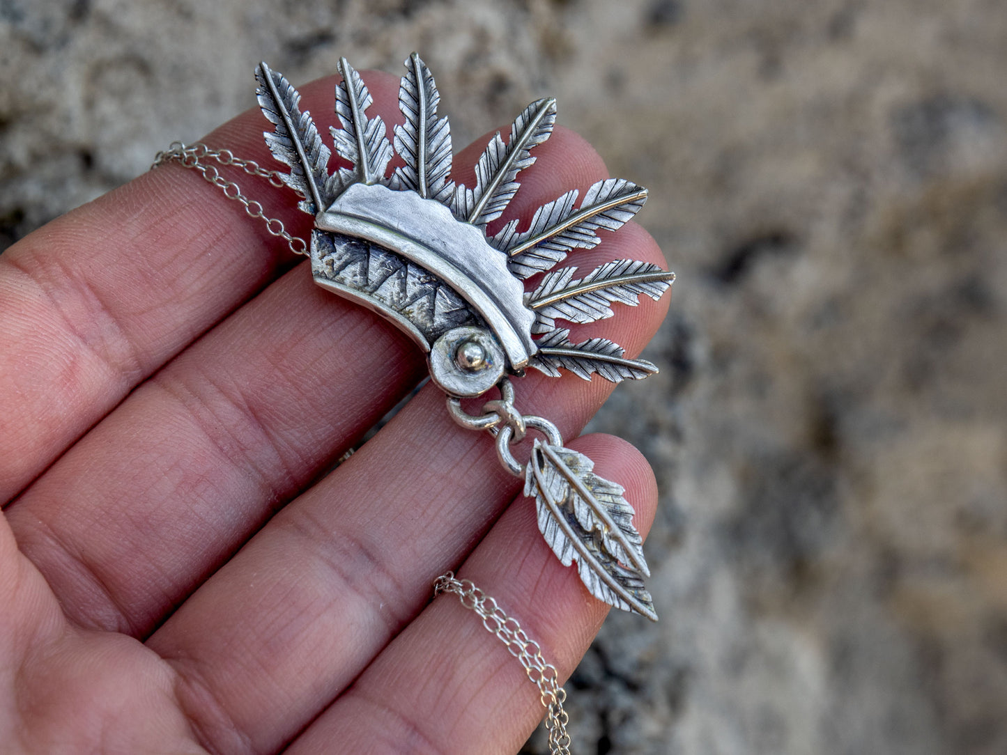 Sterling silver native headdress necklace