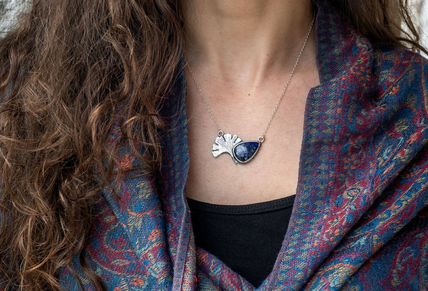 Sterling silver necklace with a Lapis Lazuli and a ginkgo biloba leaf