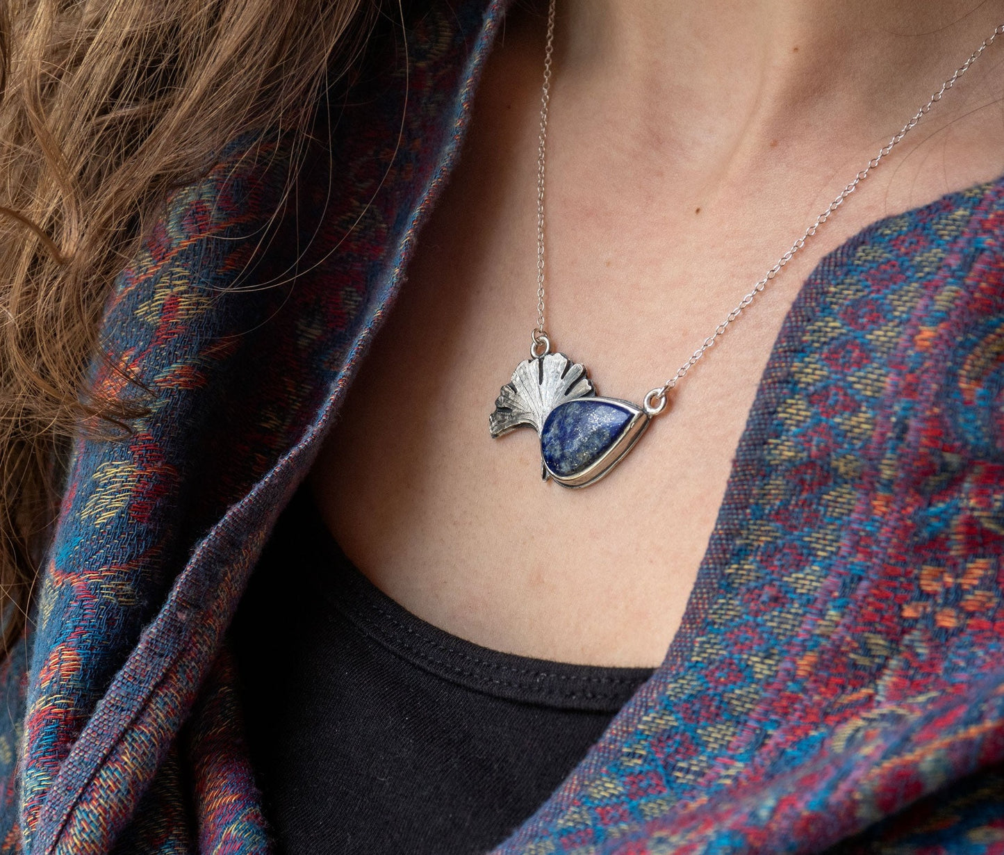 Sterling silver necklace with a Lapis Lazuli and a ginkgo biloba leaf