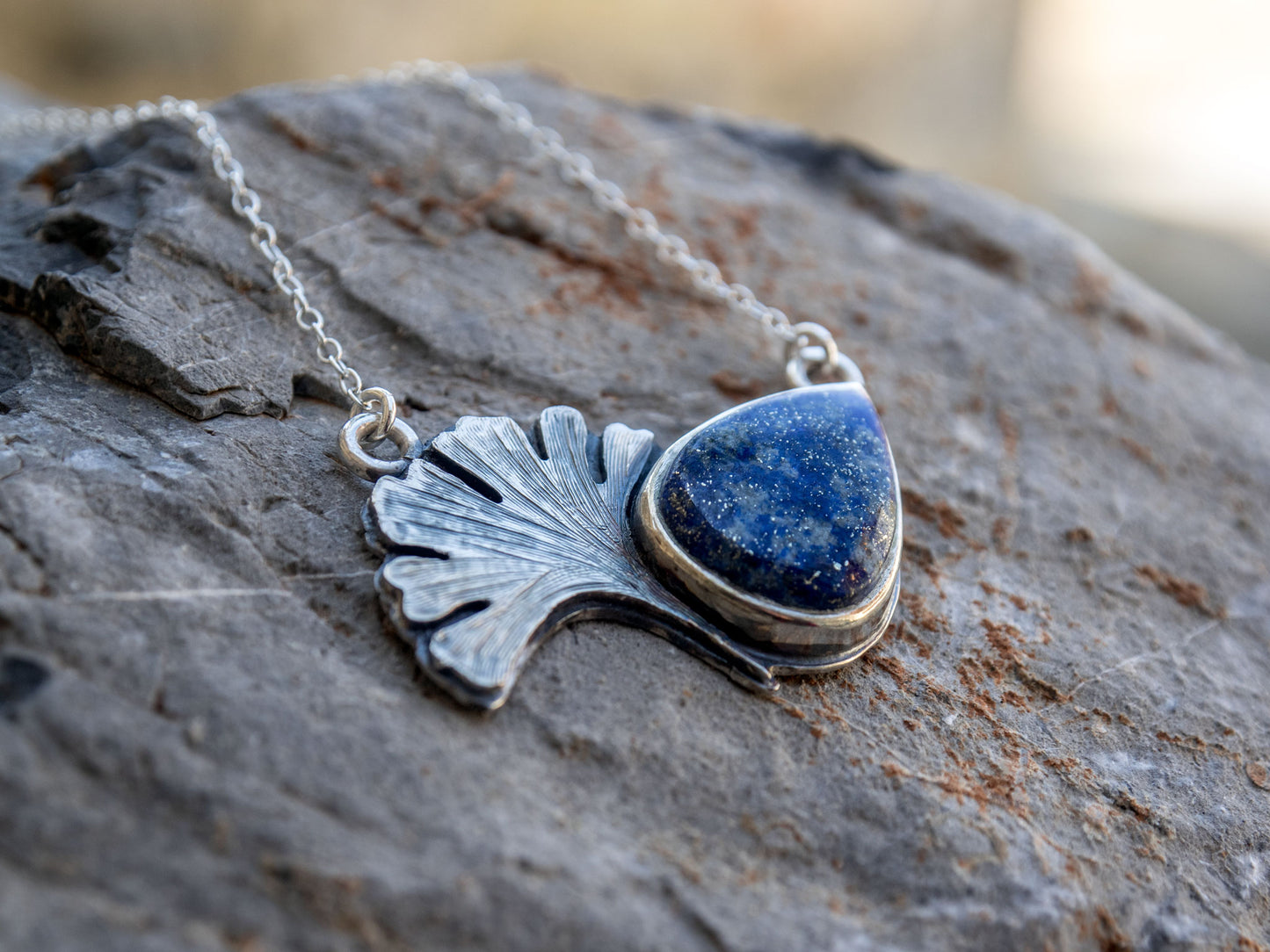 Sterling silver necklace with a Lapis Lazuli and a ginkgo biloba leaf