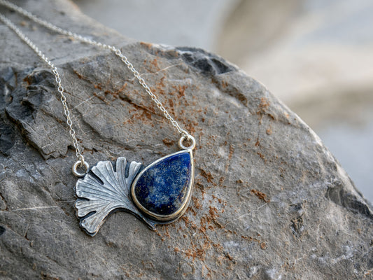 Sterling silver necklace with a Lapis Lazuli and a ginkgo biloba leaf