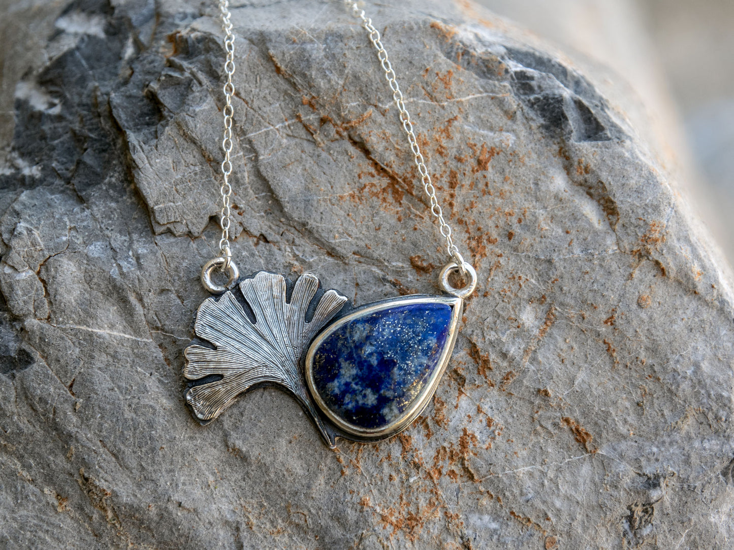 Sterling silver necklace with a Lapis Lazuli and a ginkgo biloba leaf