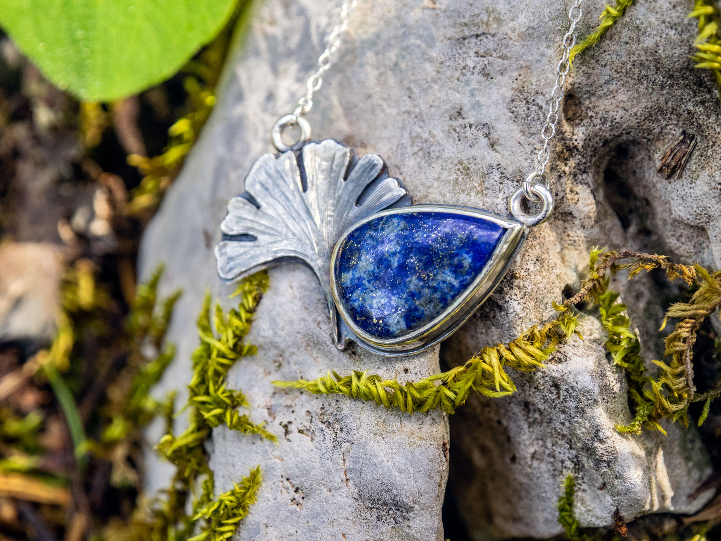 Sterling silver necklace with a Lapis Lazuli and a ginkgo biloba leaf