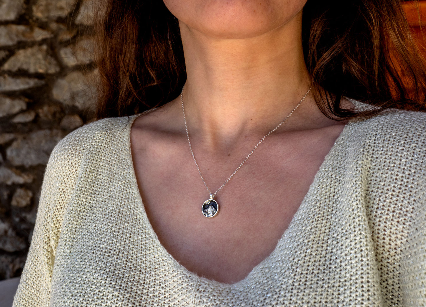 Mini sterling silver pendant with a mountain scene