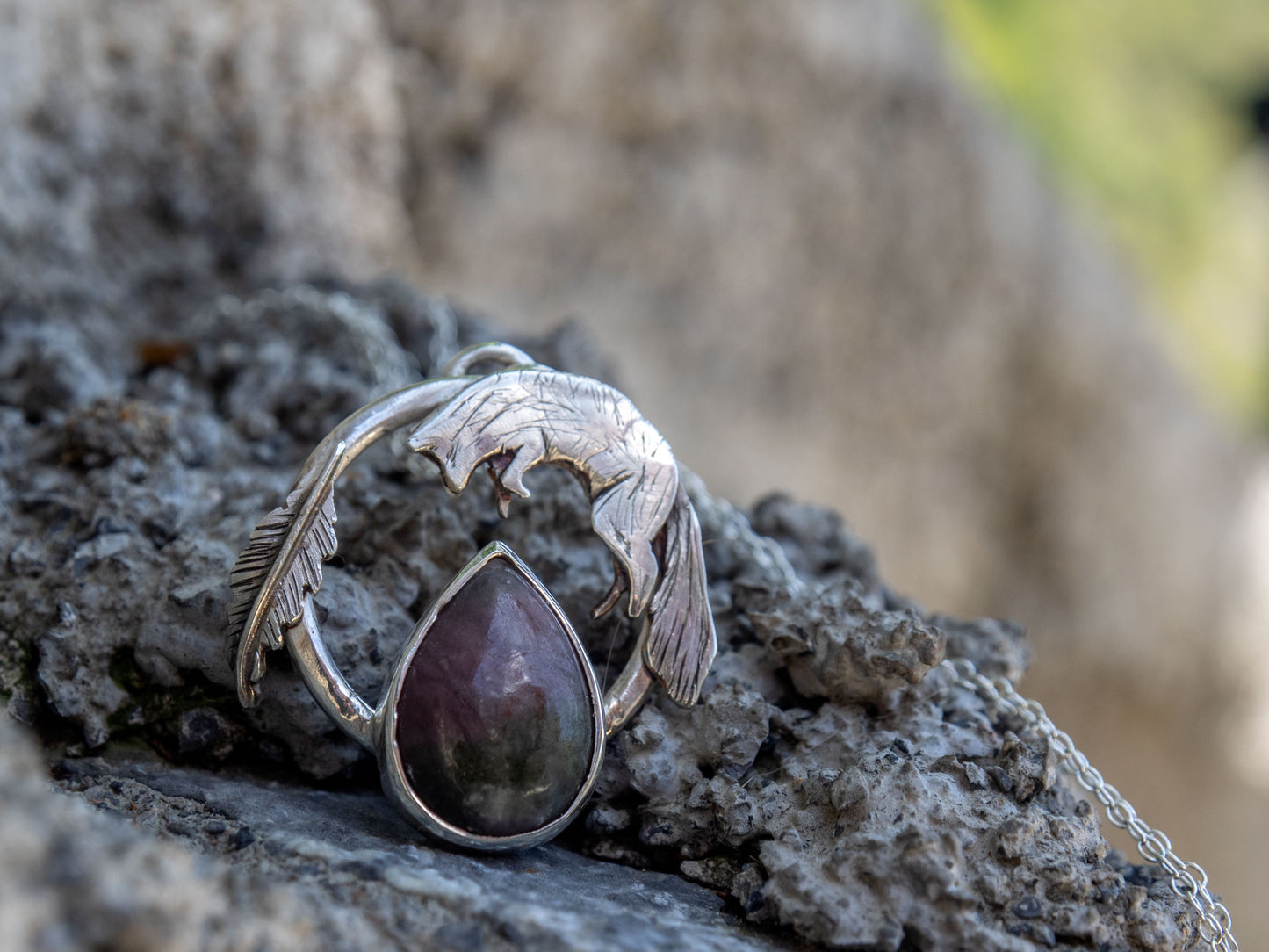 Sterling silver fox pendant with a Tourmaline stone