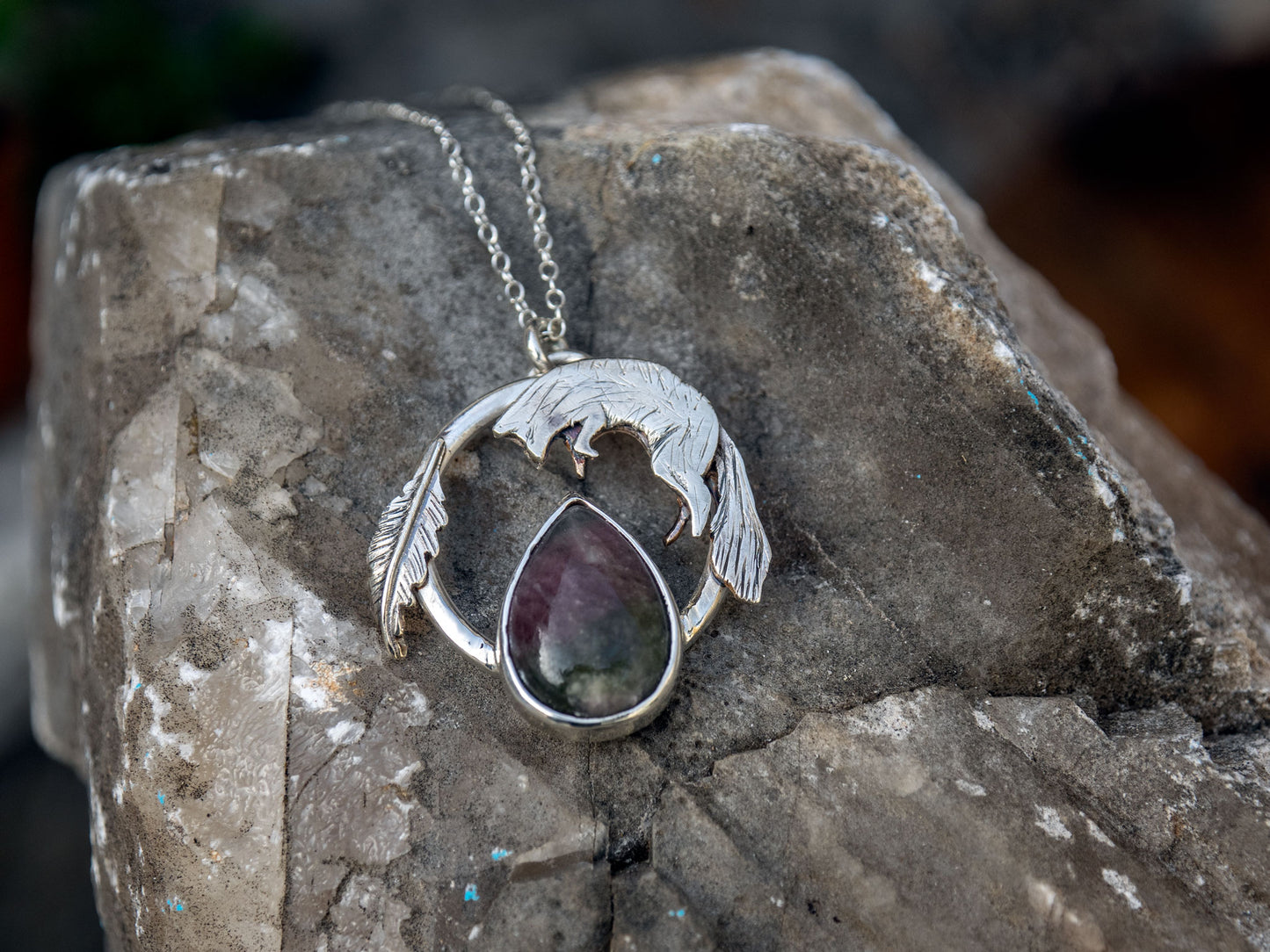 Sterling silver fox pendant with a Tourmaline stone